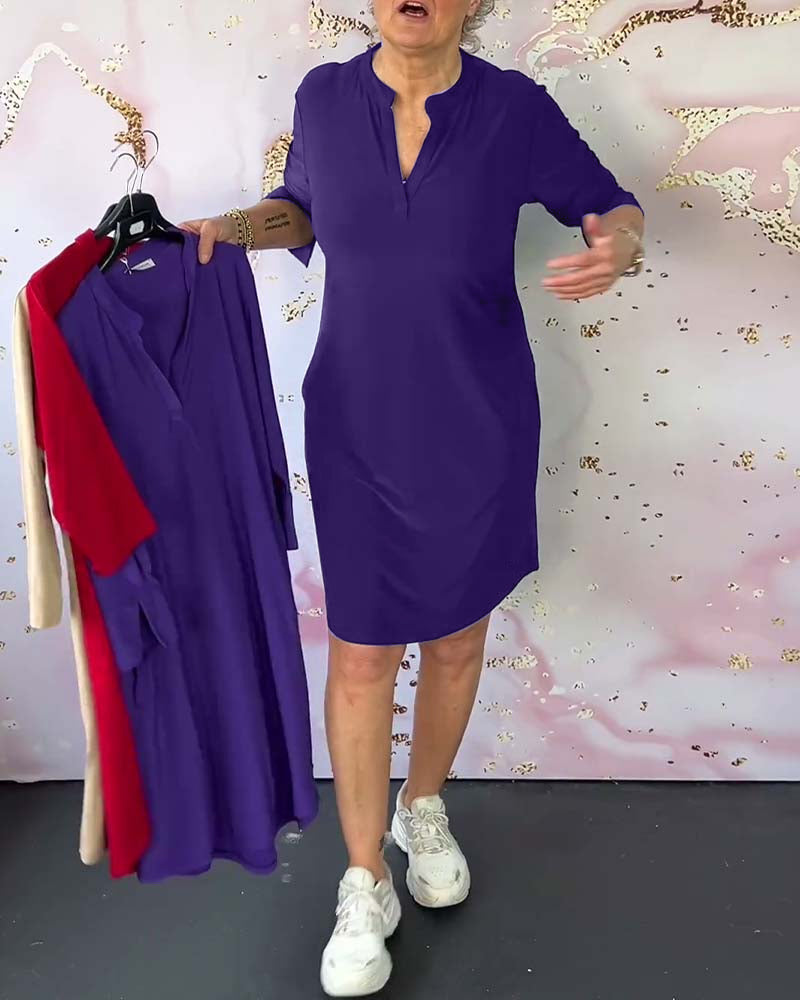 Olive™ - Comfortable Casual Dress with Solid V-neck