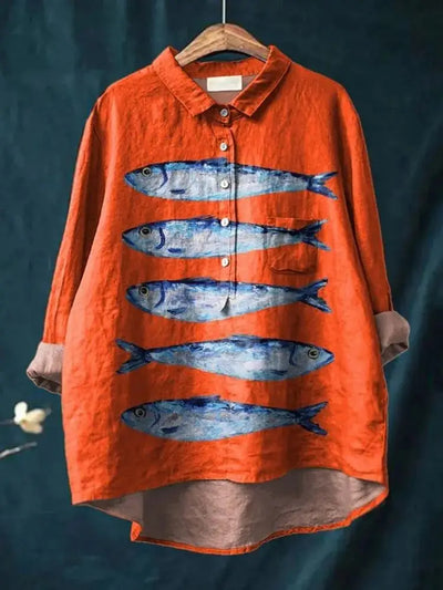 Sophia - Vintage Fish Sardines Art Print Cotton Linnen Shirt