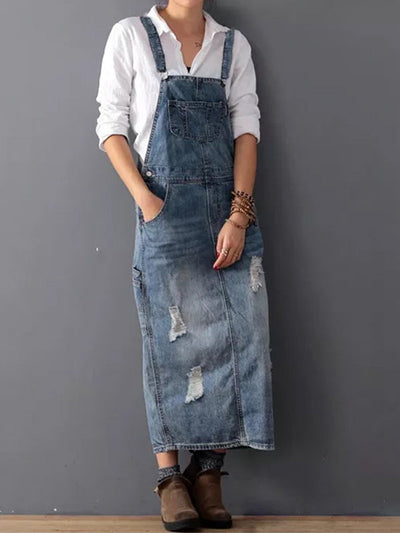Hazel™ - Denim Dungaree Dress with Back Split