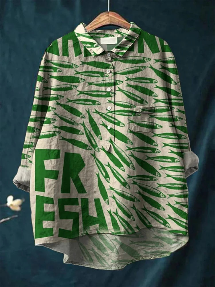 Sophia - Vintage Fish Sardines Art Print Cotton Linnen Shirt