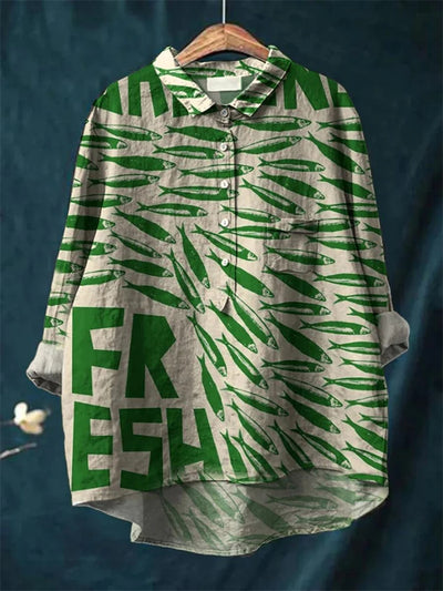 Sophia - Vintage Fish Sardines Art Print Cotton Linnen Shirt