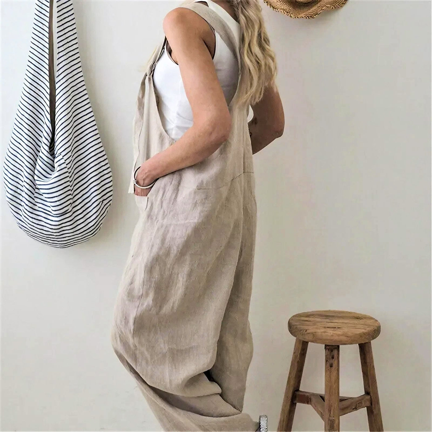 Scarlett - Casual Loose Cotton Linen Solid Pockets Jumpsuit