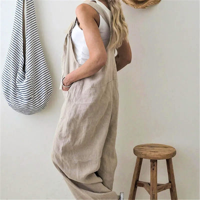 Scarlett - Casual Loose Cotton Linen Solid Pockets Jumpsuit