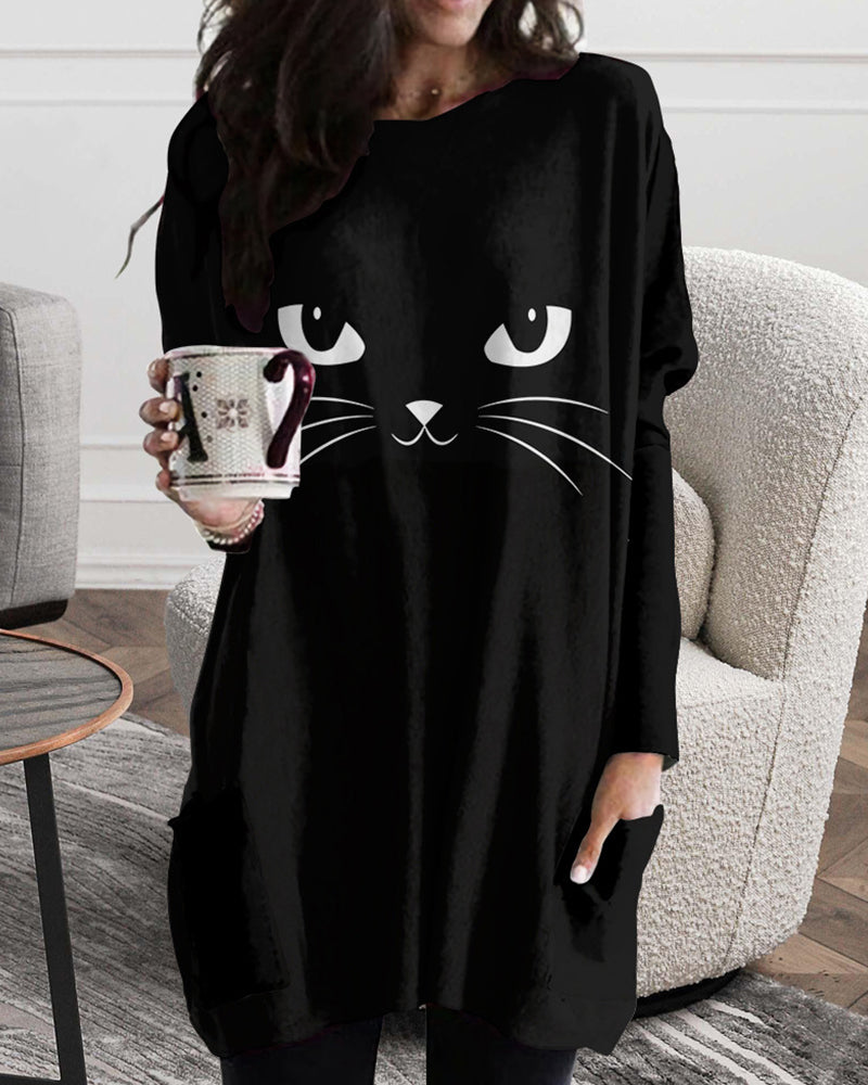 Modern Long Shirt with Cat Print