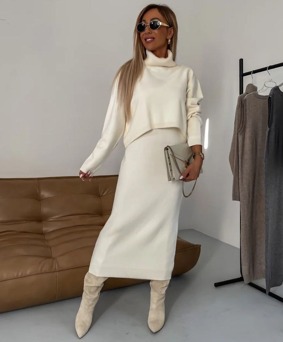 Ava - Midi Linen Dress and Turtle Neck Sweater Set