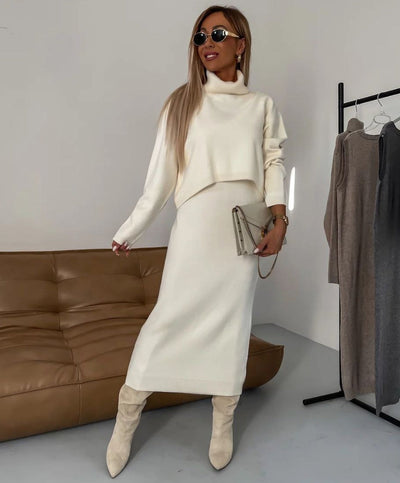 Ava - Midi Linen Dress and Turtle Neck Sweater Set