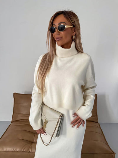 Ava - Midi Linen Dress and Turtle Neck Sweater Set