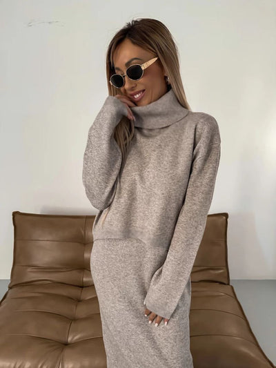 Ava - Midi Linen Dress and Turtle Neck Sweater Set