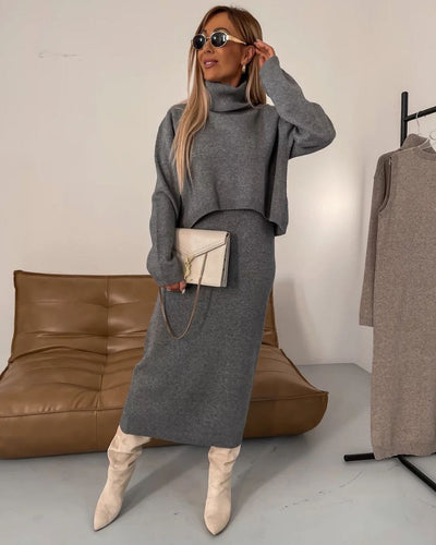 Ava - Midi Linen Dress and Turtle Neck Sweater Set