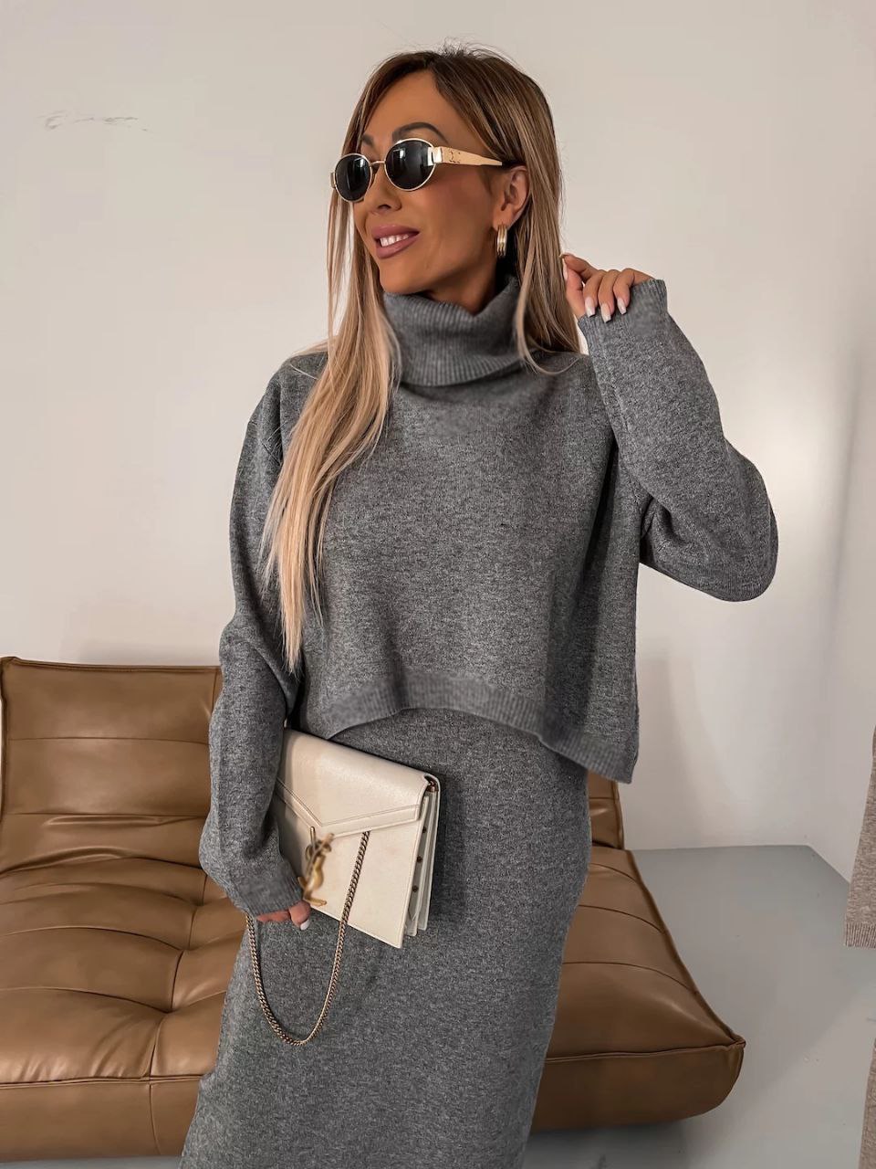 Ava - Midi Linen Dress and Turtle Neck Sweater Set