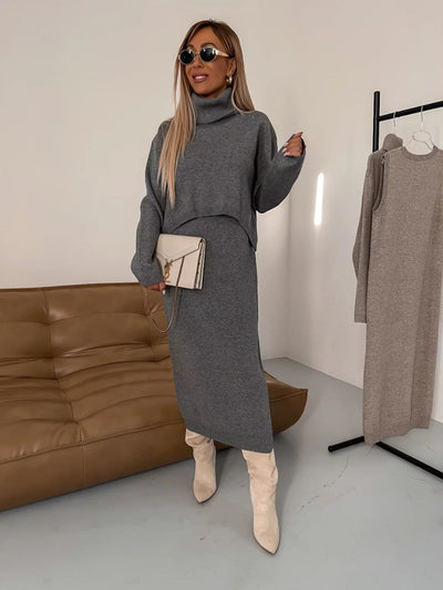 Ava - Midi Linen Dress and Turtle Neck Sweater Set