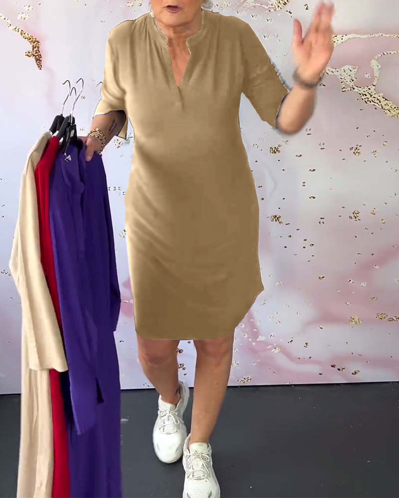 Olive™ - Comfortable Casual Dress with Solid V-neck