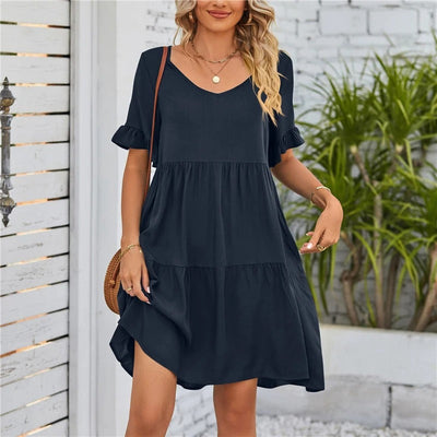 Ava™ - Comfy V-Neck Flounce Sleeve Tiered Dress