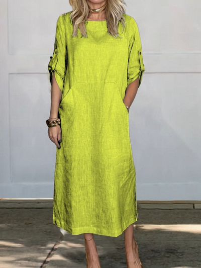 Freya™ - Comfortable Plain Linen Dress With Pockets