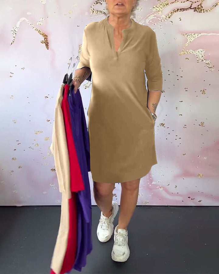 Olive™ - Comfortable Casual Dress with Solid V-neck