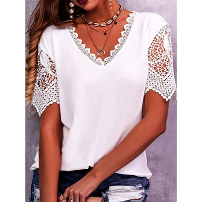 Eloise™ - Comfortable Lace Patchwork Loose V-Neck Short Sleeve T-Shirt