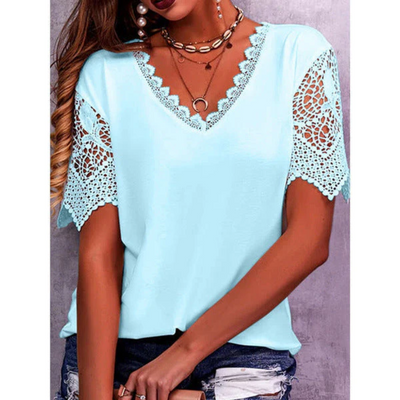 Eloise™ - Comfortable Lace Patchwork Loose V-Neck Short Sleeve T-Shirt