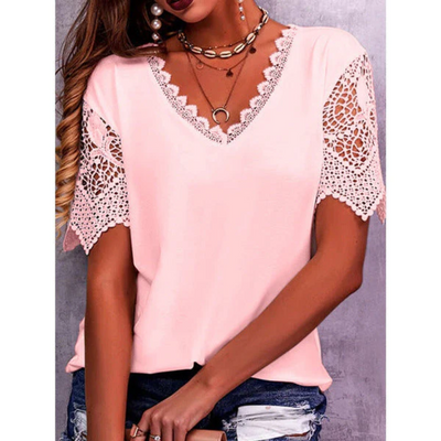 Eloise™ - Comfortable Lace Patchwork Loose V-Neck Short Sleeve T-Shirt