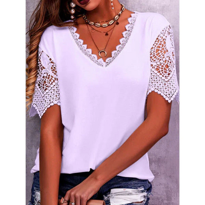 Eloise™ - Comfortable Lace Patchwork Loose V-Neck Short Sleeve T-Shirt