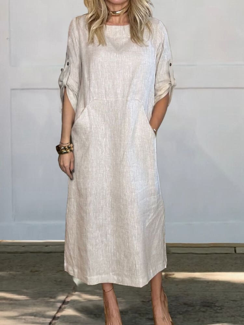 Freya™ - Comfortable Plain Linen Dress With Pockets