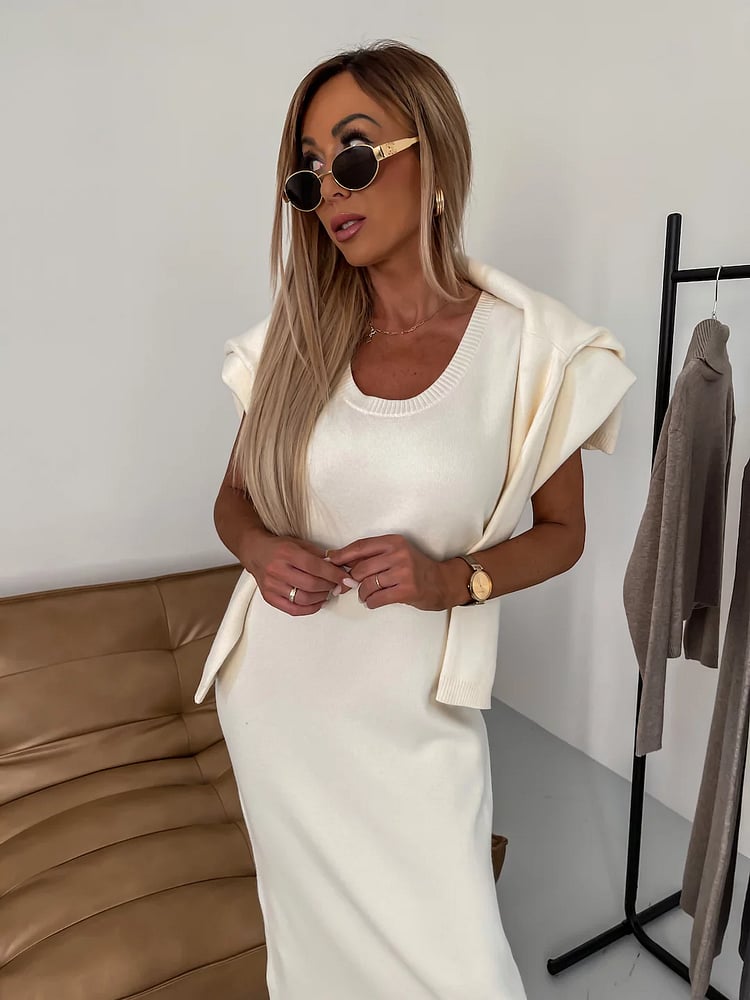 Ava - Midi Linen Dress and Turtle Neck Sweater Set