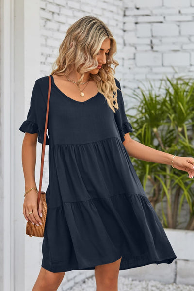 Ava™ - Comfy V-Neck Flounce Sleeve Tiered Dress