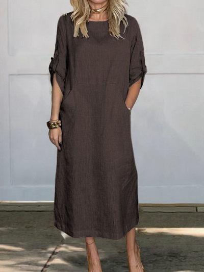 Freya™ - Comfortable Plain Linen Dress With Pockets