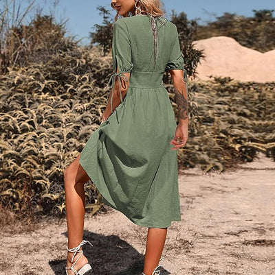 Sienna™ - Elegant Long Dress With V-Neck And High Waist