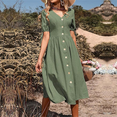 Sienna™ - Elegant Long Dress With V-Neck And High Waist