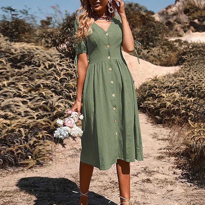 Sienna™ - Elegant Long Dress With V-Neck And High Waist