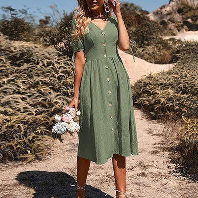 Sienna™ - Elegant Long Dress With V-Neck And High Waist
