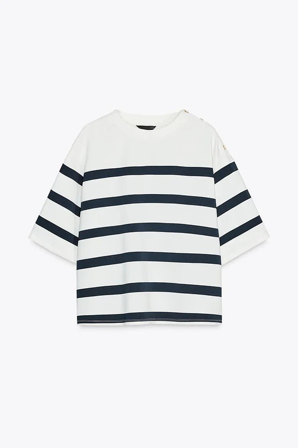 Layla™ - Logbook Stripe Button Shoulder T-Shirt