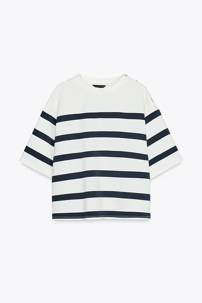 Layla™ - Logbook Stripe Button Shoulder T-Shirt