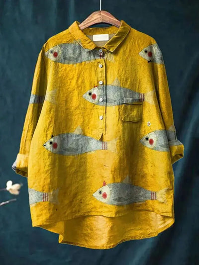 Sophia - Vintage Fish Sardines Art Print Cotton Linnen Shirt