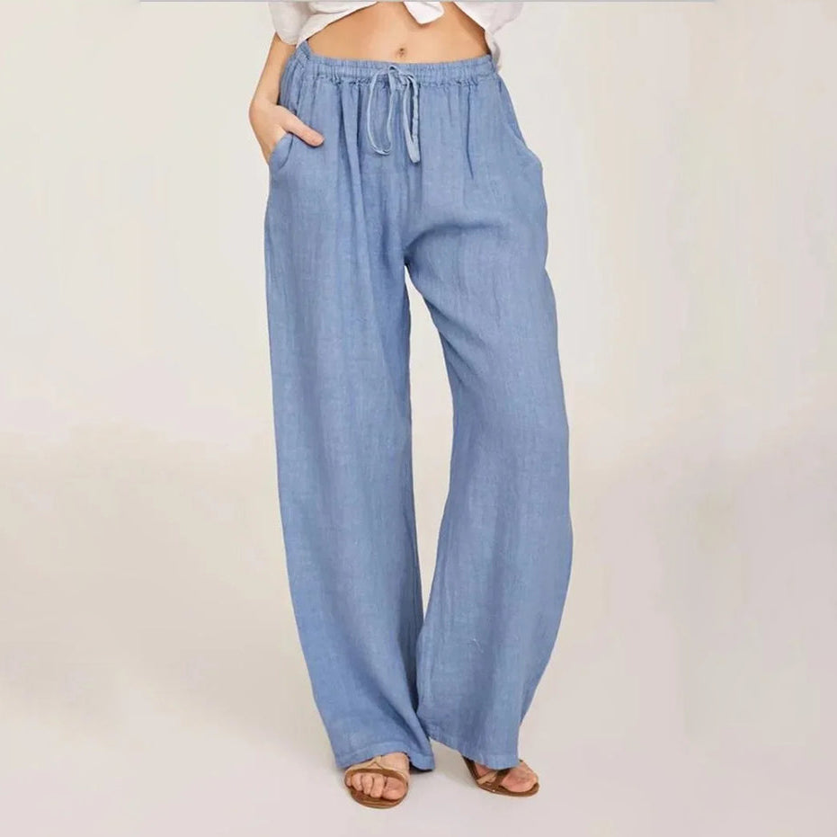 Harper - Cotton Linen Loose Solid Elastic Waist Trouser