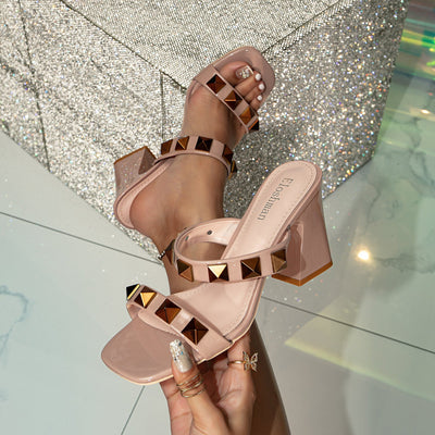Square Toe Rivet Slip on Block Heeled Sandals