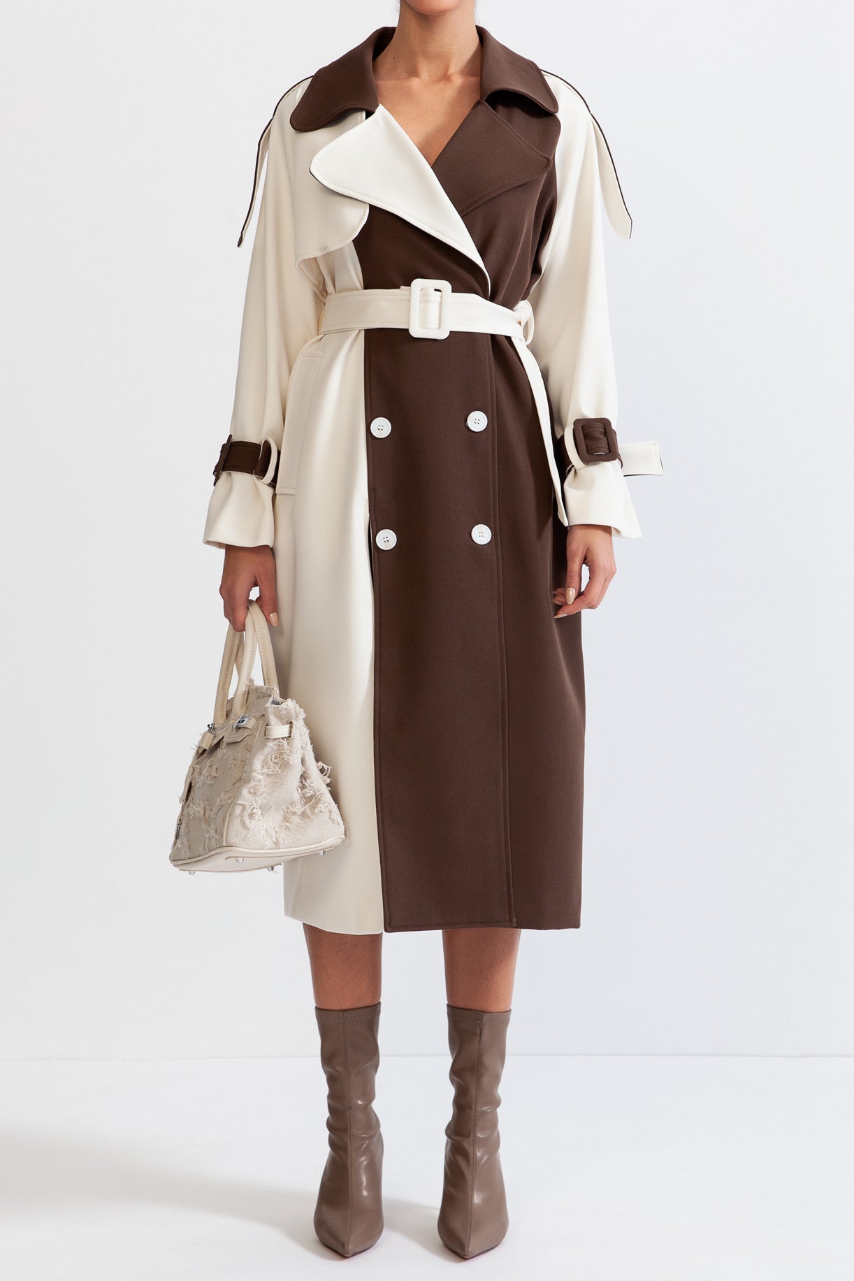 Double Breasted Trench Coat - cream & brown