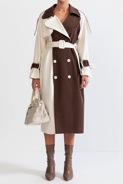Double Breasted Trench Coat - cream & brown