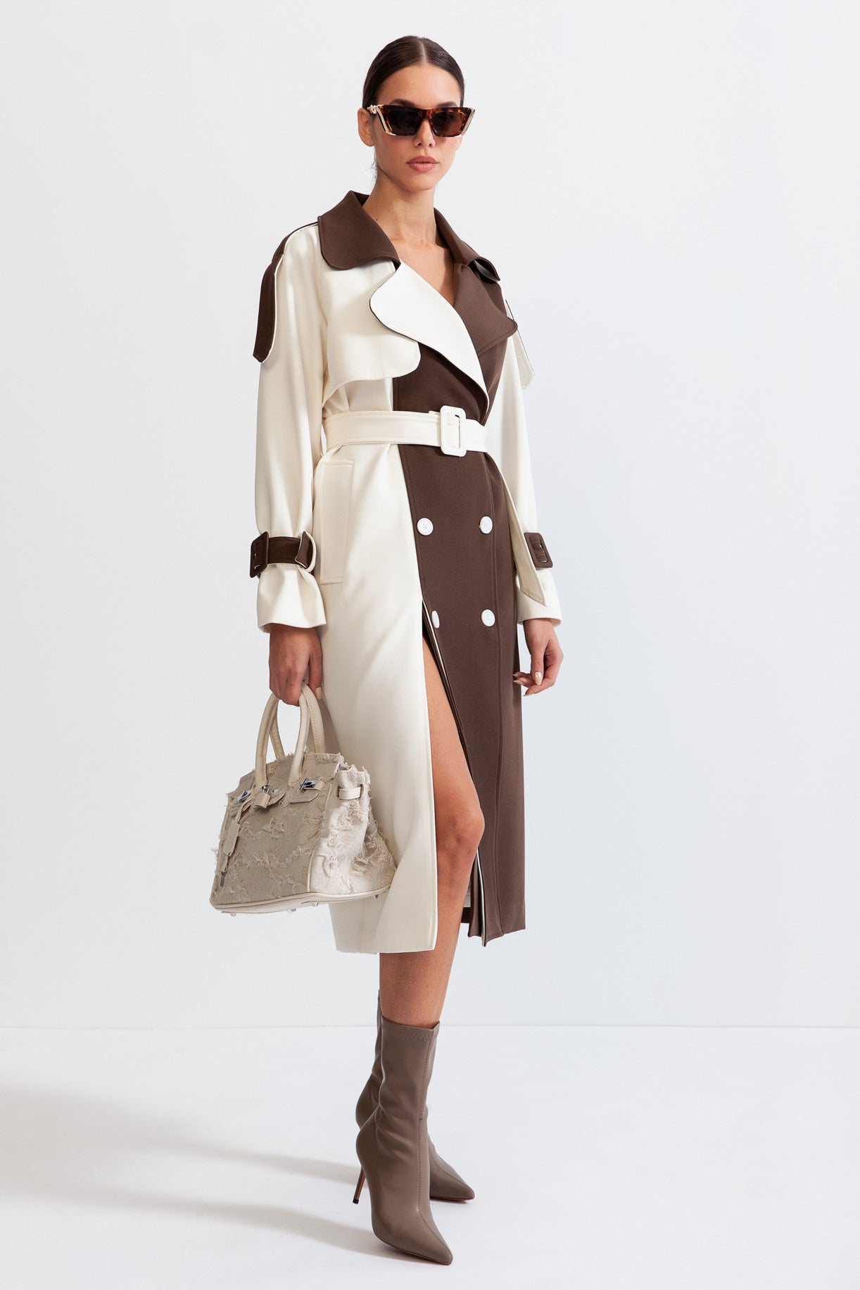 Double Breasted Trench Coat - cream & brown