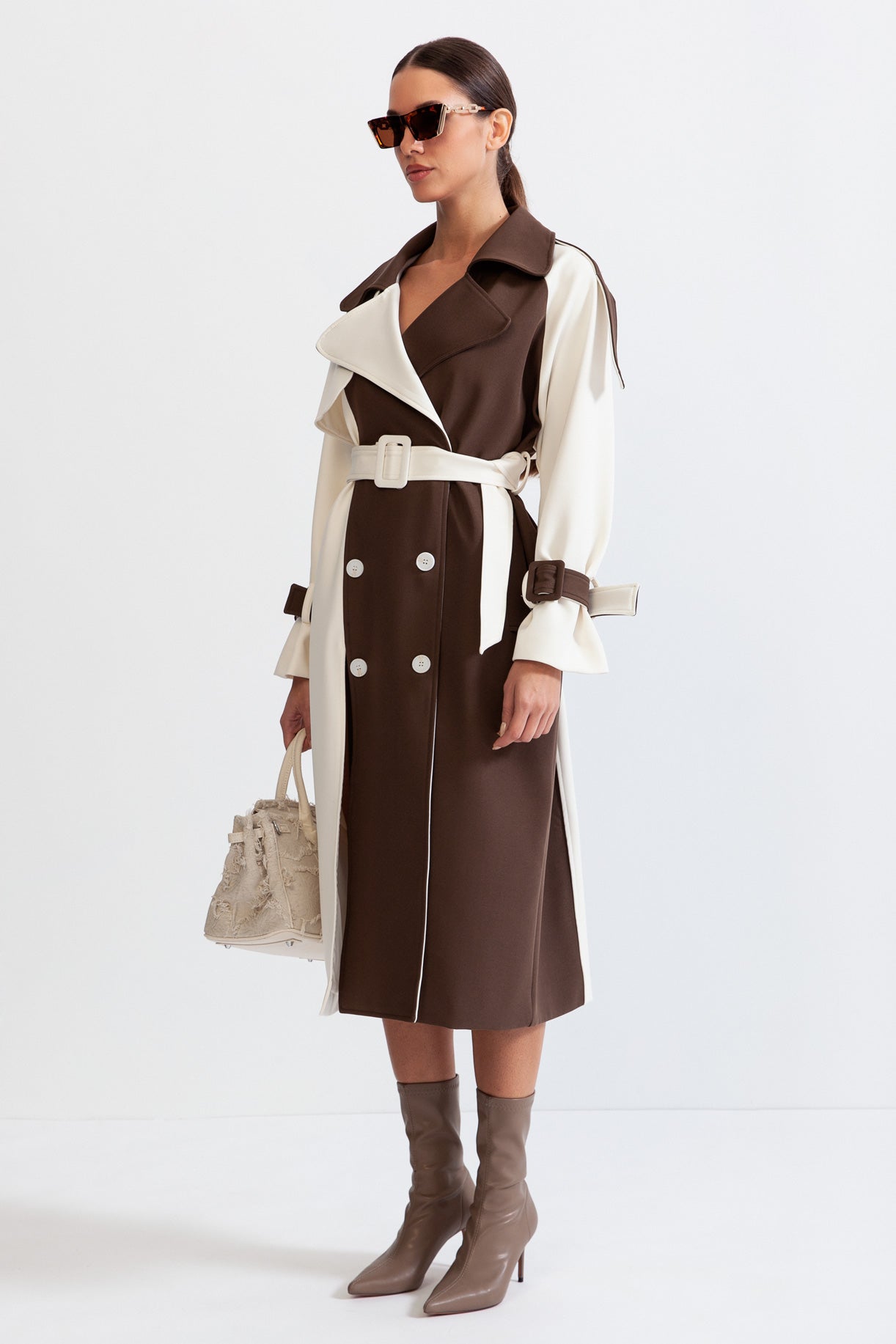 Double Breasted Trench Coat - cream & brown