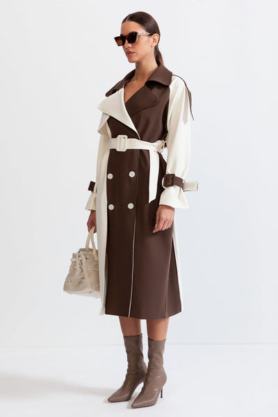 Double Breasted Trench Coat - cream & brown