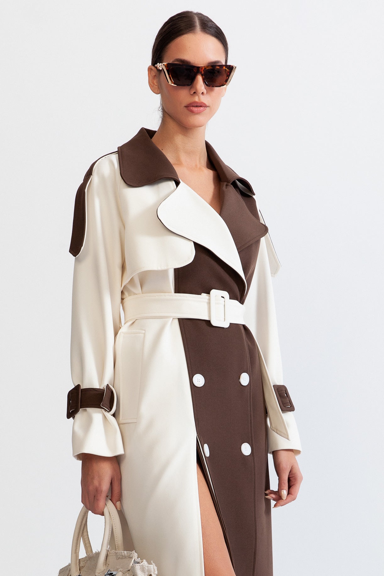 Double Breasted Trench Coat - cream & brown