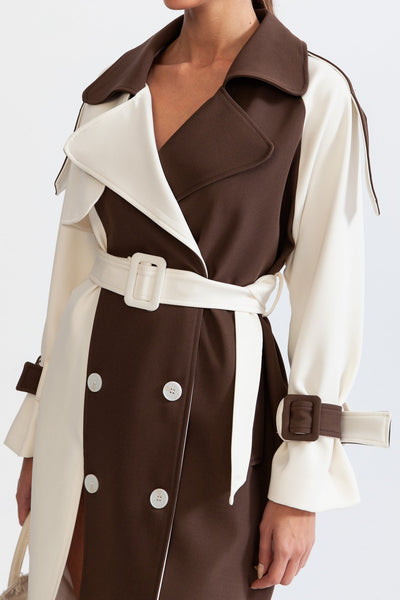 Double Breasted Trench Coat - cream & brown