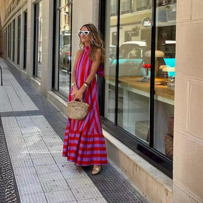 Freya™ - Comfortable Bold Stripe Halter Neck Maxi Dress