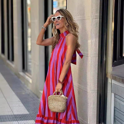 Freya™ - Comfortable Bold Stripe Halter Neck Maxi Dress
