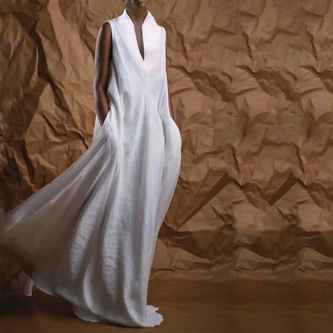 Luna - Elegant Plain Deep V Neck Sleeveless Linen Maxi Dress