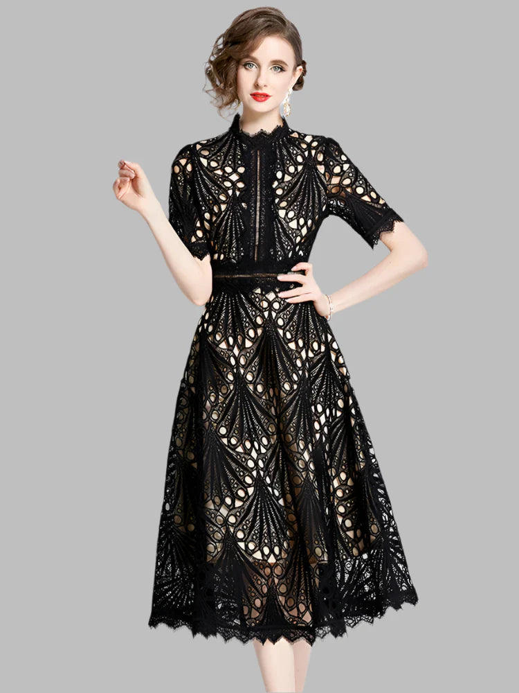 Olive™ -  Elegant Floral Crochet Lace Midi Dress