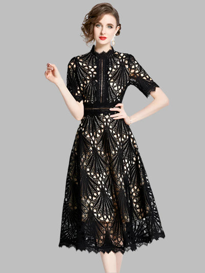 Olive™ -  Elegant Floral Crochet Lace Midi Dress