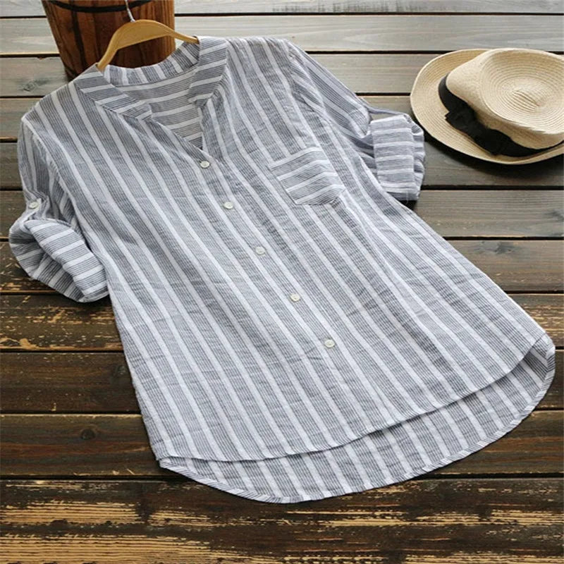 Mila - Cotton Linen Striped Long Sleeve Shirt