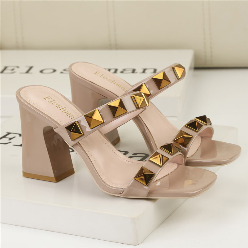 Square Toe Rivet Slip on Block Heeled Sandals